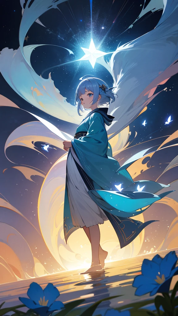Highest quality,masterpiece,colorful,The background is the deep blue sea,Transparency,Use HDR technology to create a sense of depth,beautiful,beautiful自然,5  girl,Alone,Wearing a wizard's robe,Stand in the center of the screen,The whole body faces this way,Look diagonally forward to the left,Put your right hand forward in a three-dimensional way,A star-like light from the right,Light magic from the right hand,Narrow and gentle eyes,mysterious,Silver hair decorated with blue flowers,Fantasy atmosphere,beautiful虹色の蝶々is flying in the air
