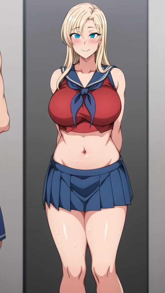 1girl, breasts, solo, , skirt, serafuku, navel, midriff, blonde hair, blush, large breasts, looking at viewer, crop top, arms behind back, pleated skirt, smile, blue eyes, blue skirt, taut clothes, neckerchief, sweat, standing, more exposed belly.