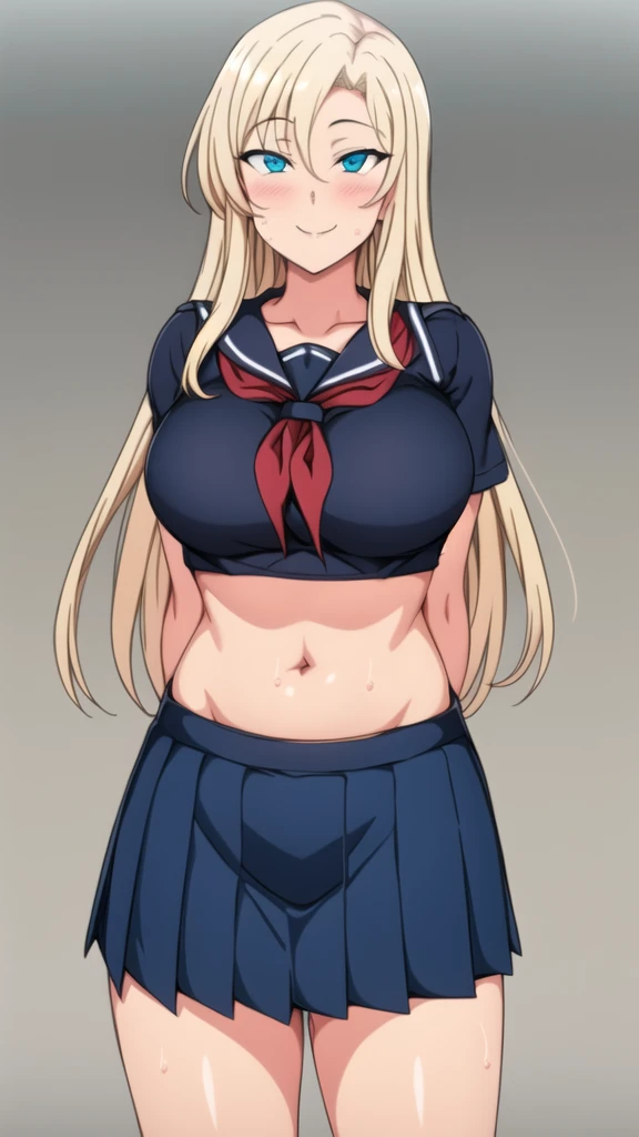 1girl, breasts, solo, , skirt, serafuku, navel, midriff, blonde hair, blush, large breasts, looking at viewer, crop top, arms behind back, pleated skirt, smile, blue eyes, blue skirt, taut clothes, neckerchief, sweat, standing, more exposed belly.
