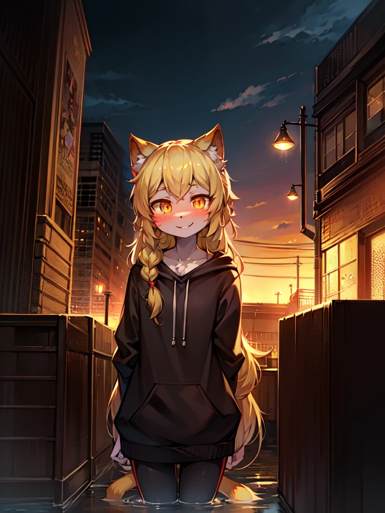 hair over shoulder, wavy hair, hair strand, shiny hair, blonde hair, eye reflection, glowing eyes, slit pupils, amber eyes, cat ears, smile, blush, glint, happy, anime, anime style, En plein air, high detail, cinematic lighting, ray tracing, reflection light, masterpiece, accurate, anatomically correct, super detail, high details, high quality, best quality, highres, 4K
