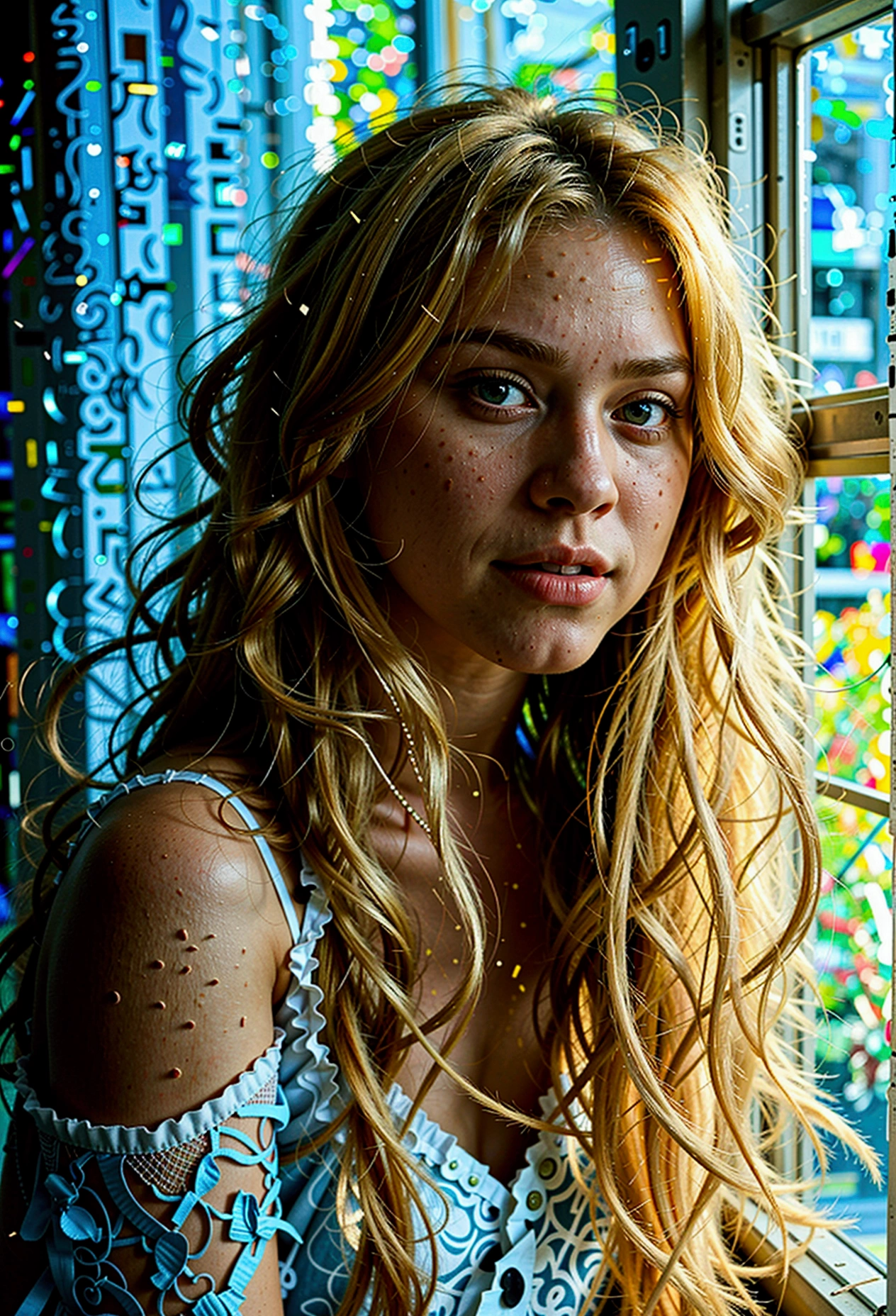  17 year old with long blonde hair in her bedroom (photorrealistic: 1.1) (bokeh) (best qualityer) (8K) (hdr) (wall-paper) (cinematic lighting) (sharp focus 