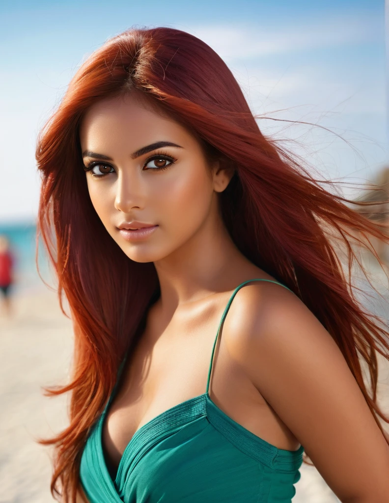 A photorealistic of a 21-year-old mexican girl sexy with long, flowing red hair and striking dark eyes. She should have a natural, approachable expression and be illuminated by soft, The background should be a scenic outdoor setting, beach. Capture this image with a high-resolution photograph using an 85mm lens for a flattering perspective.