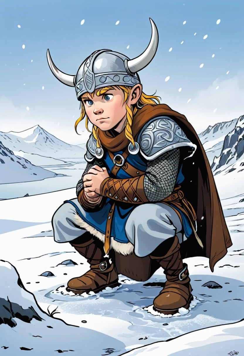 viking boy kneeling in the snow comic version
