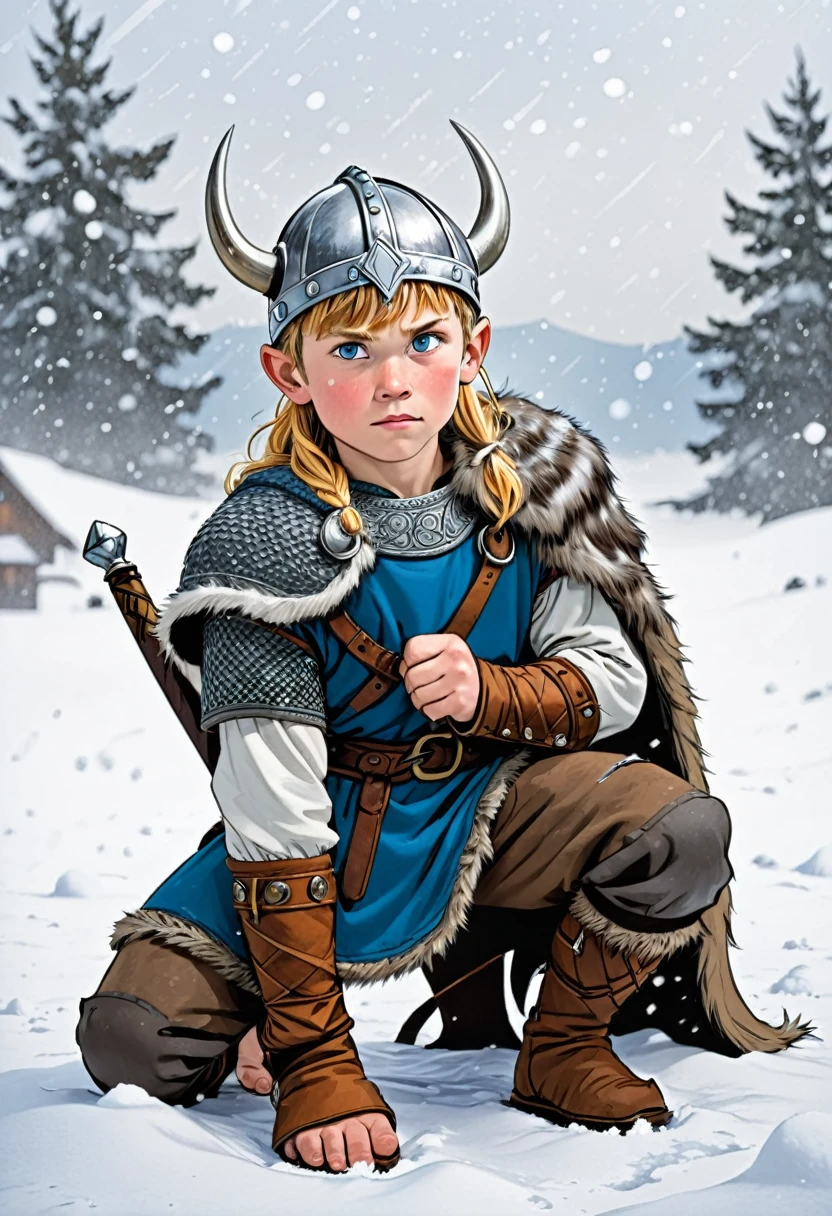 viking boy kneeling in the snow comic version