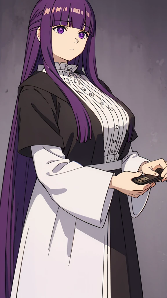 freirenFern, Fern, purple hair, long hair, purple eyes, dull bangs, side lock, half up hair, bright pupils, (big breasts, 1 girl), Ruffled collar, black robe, white dress, center ruffle, button, wide sleeve, long sleeve, crooked, Ruffled collar, BREAK's masterpiece, highest quality, High resolution, 8K, official art, super resolution, very detailed and beautiful, very detailed, Incredibly detailed, very detailed美しい女の子, very detailed顔, very detailed目, very detailed肌, very detailed指, very detailed鼻, very knowledgeable mouth, Perfect Anatomy BREAK Full Body Shot, look down, Pray BREAK HILL, nature, forest, very detailed CG unity 16k, Very detailed 16KCG wallpaper