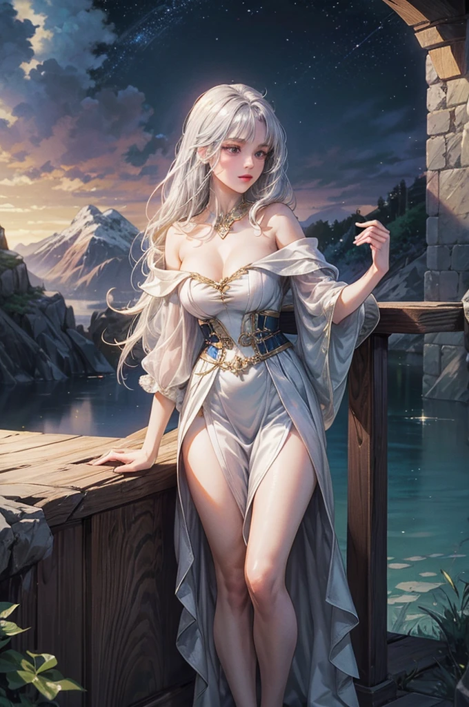 (Fairy of the Wind) 1? old girl, fluttering in the wind, steppe, forest, water lake, thin robe, light clothing, wearing nothing, beautiful head, one girl, alone, small, long hair, silver hair, slim body, whole body, delicate skin, clear white skin, cinematic lighting, morning sun, slender fingers, beautiful face, film light, light relative, elf, flying, floating, wind, flowers,