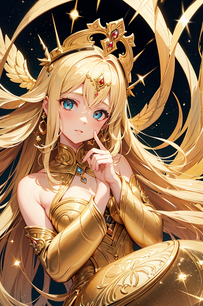 Golden Goddess Seraphina, Majestic Goddess of Love and Magic, Her hair is a cascade of stars, Her eyes shine with mysterious power. Her hands shine warm and charmingly. Her presence is a light of hope and joy. Her golden aura is a sparkling aura of love and protection. Perfect face, Proper body proportion, masutepiece, Super high-quality output images, A high resolution, Intricate details, Very delicate and beautiful hair, photographrealistic, Dreamy, Professional Lighting, realistic shadow, Solo Focus, Beautiful hands, Beautiful fingers, Detailed finger features, detailed clothes features, Detailed hair features, detailed facial features, fingers hidden