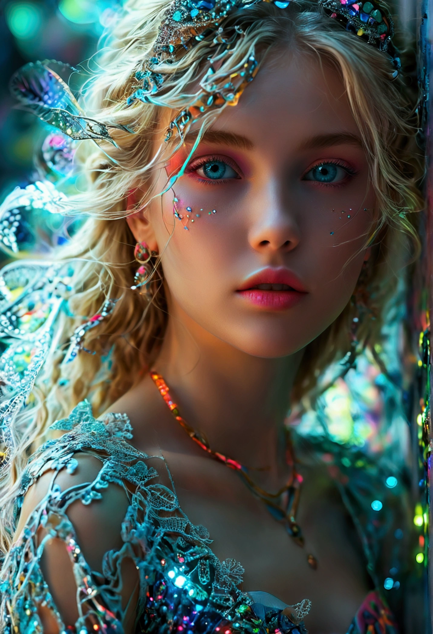 (Masterpiece, Top Quality, Best Quality, Official Art, Beautiful and aesthetic:1.2), (1Girl:1.3), Extremely detailed,(fractal art:1.2),colourfull,highest details,( Zentangle neon:1.2), (Dynamic Pose), (Abstract background neon:1.5), (treditional dress:1.2), (sparkly skin), (many colors:1.4), upper half body ,neons,16 k,Full HD, Blue Eyes, beautidful eyes, extremely detailed eyes and face, Beautiful detailed eyes, Ultra-detailed, light on the face, with long blond hair, Blonde hair, Slim Body, Fair skin, a 18 year old girl,