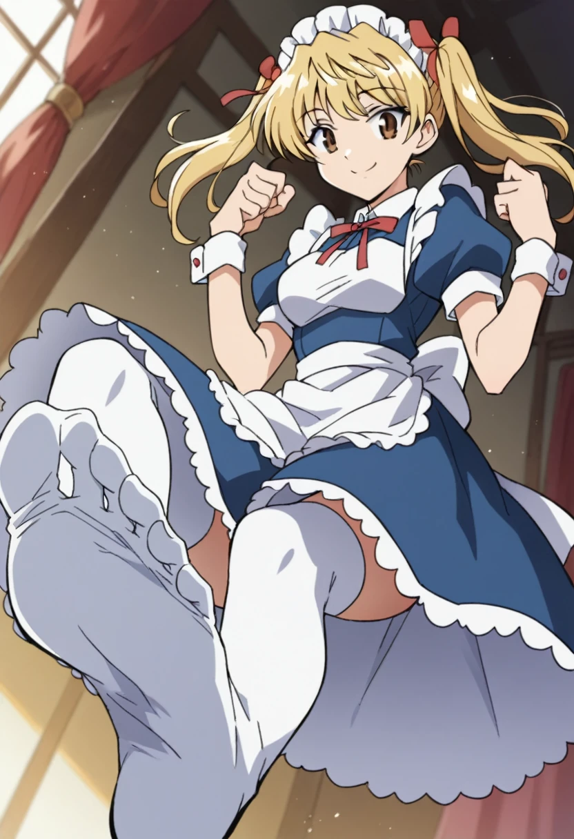  sawachika eri, twintail,sawachika eri, twintails, long hair, blonde hair, brown eyes, hair ribbon,smile, hair ribbon,, bob cut, smile, maid, blue dress, maid apron, maid headdress, red neck ribbon, puffy short sleeves, white wristband, white thighhighs, dutch angle, score_9, score_8_up, score_7_up, score_6_up, anime coloring,Seated pose, focus on soles of feet