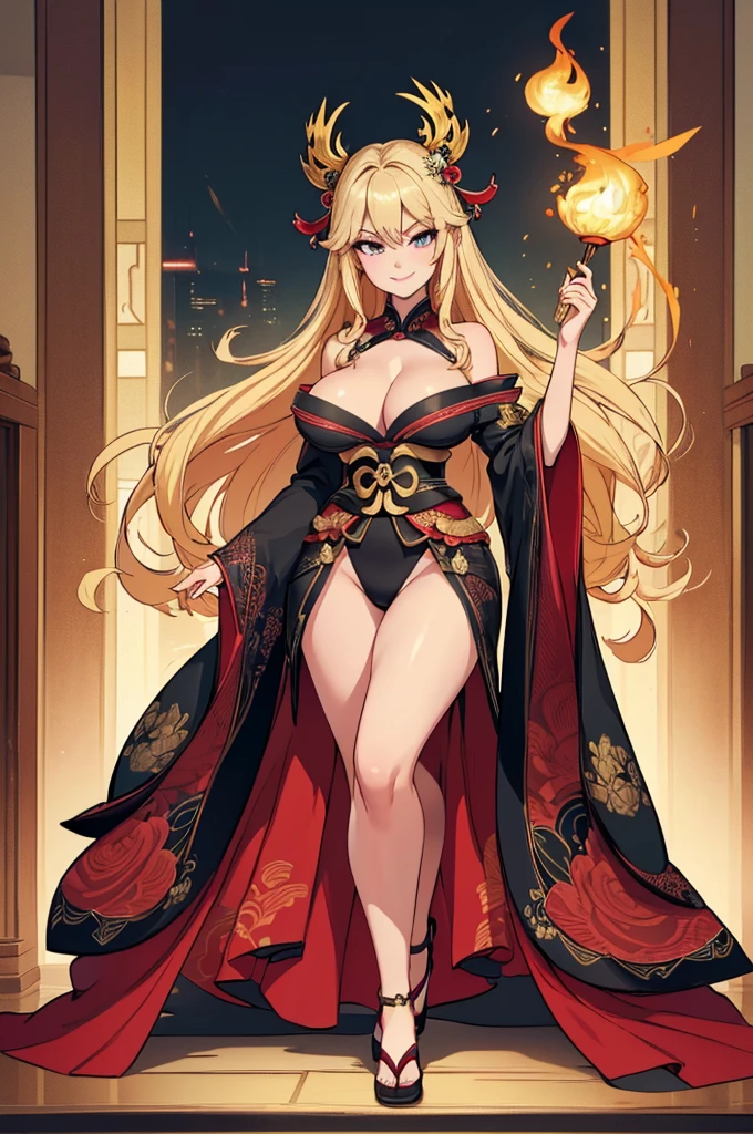 (masterpiece, best quality, high resolution, ((full body, standing,))((huge breasts )) 1 woman, a magical fantasy Asian echisera, black fantasy full-body Asian echisera kimono, very Asian-style long blonde hair, , evil smile, ((full body))