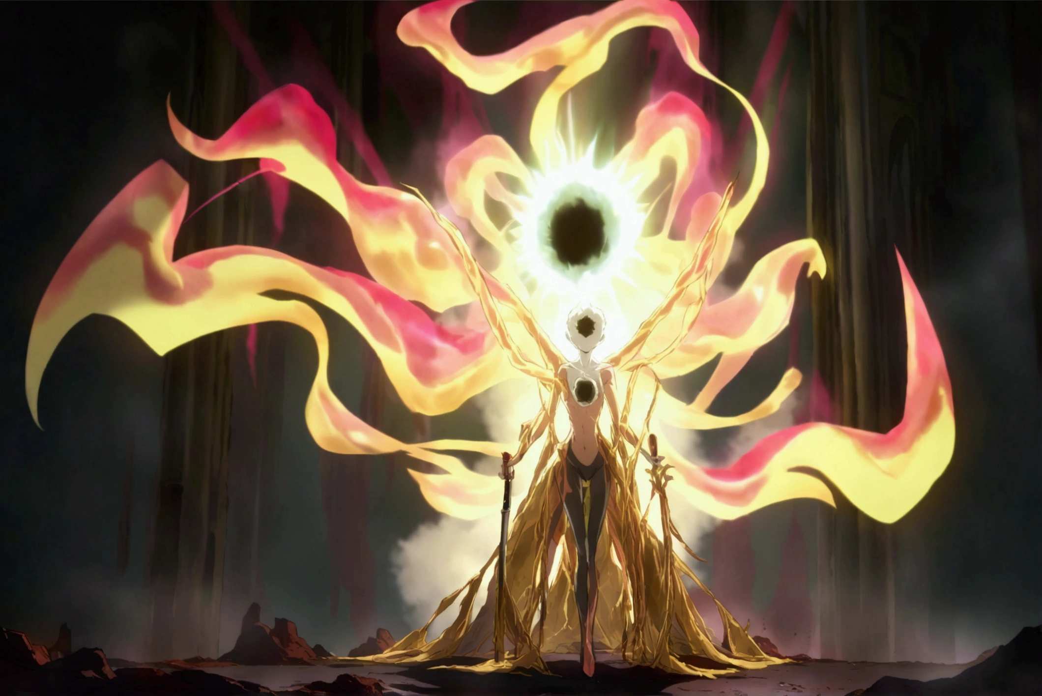 a primordial woman with a skinny body, a supermassive black hole in place of his head, holding a powerful katana, anime style, black background