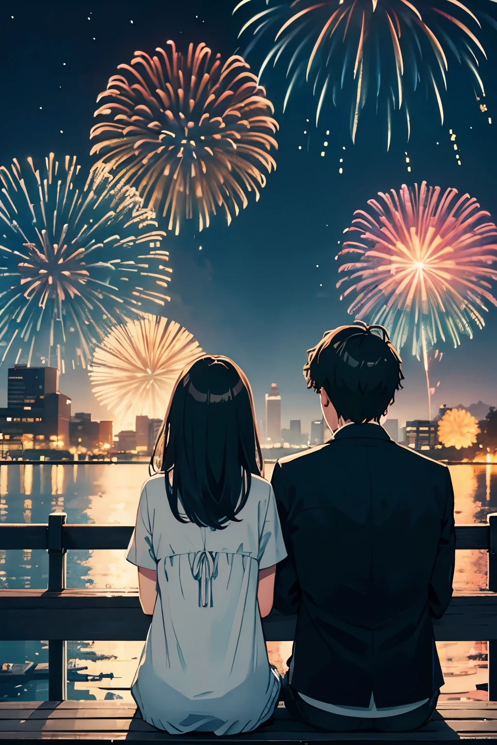 Couple sitting side by side(Young men and women),Sit on the embankment,Turn your back to the lens,Look up at the fireworks in the sky,Modern city,night