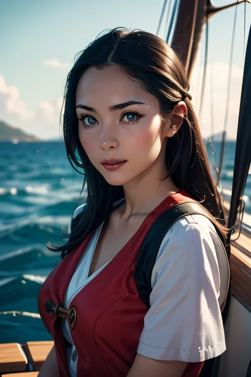 (Highest quality), (High detail), (Vibrant colors), (One girl), A cute female pirate sailing the high seas, High resolution, 4K,