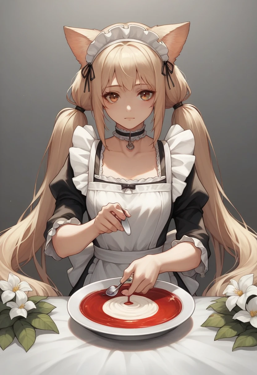score_9, score_8_superior, score_7_superior, score_6_superior, score_5_superior, score_4_superior, sauce_anime, It 1, flower, Twin tails, low Twin tails, Very long hair, Dog Girl, choker, Maid's Headdress, Black kimono, Wide sleeves, Frills, heart, White apron, Sleeves are longer than the wrist, skirt, red skirt, Brown footwear, Cross-laced shoes, cherry blossoms, :3, smile, tooth, Open your mouth, whole body, leg superior, garden, Grass, View your viewers、Huge breasts
