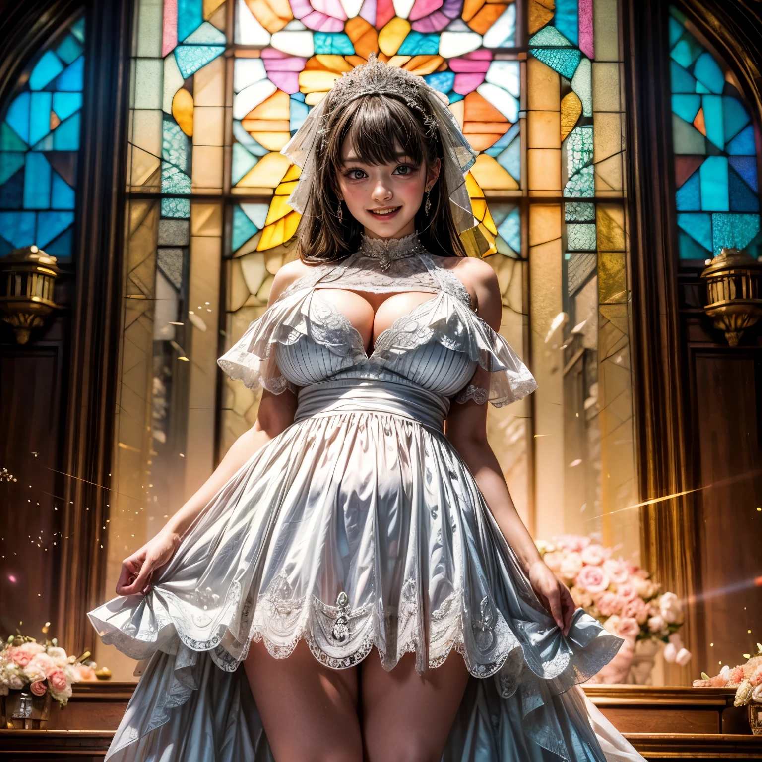 (CeilingShot from Below:1.28), White and Blood Red, (Masterpiece 8K TopQuality:1.2) (ProfessionalPhoto:1.37) ExtremelyDetailed (((FullBody, KAWAII girl with HUGE boobs:1.37)) in (WHITE Lace Wedding MiniDress:1.28)) detailed (Delicate Lace textures), (Detailed(Distant Elaborate Stainedglass Background:1.37) (Tyndall Effect) (Oodles Dazzling NeonColor Particles:1.32)) BREAK ((ZoomLayer, BokeH))PerfectLighting, (((NOGIZAKA FaceVariations))), Extremely Detailed (very KAWAII Face), Childish CaptivatingGaze Stunning ParfectEyes ElaboratePupils with (SparklingHighlights:1.28), Radiant PearlSkin with Transparency . { (Dynamic Joyful expressions LifeLike Rendering:1.4) | (:d) }, (Acutance:0.8) .
