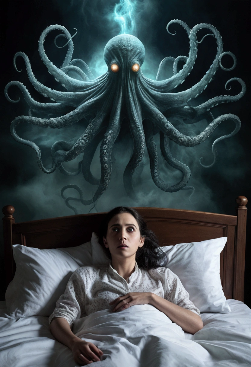 Show a person paralyzed in bed, eyes wide, while a malevolent, nebulous presence floats above them. The entity has a spectral, frightening appearance, with tentacles or arms reaching out toward the person."