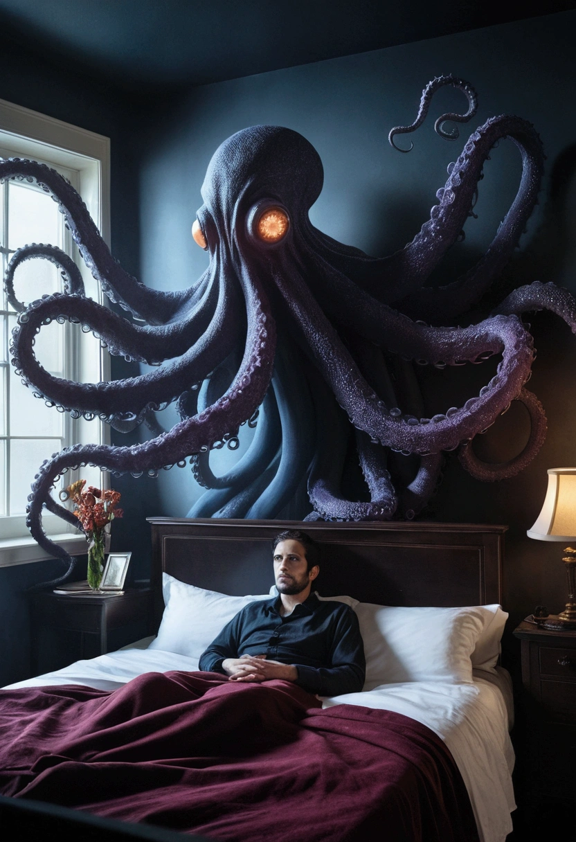 Show a person paralyzed in bed, eyes wide, while a malevolent, nebulous presence floats above them. The entity has a spectral, frightening appearance, with tentacles or arms reaching out toward the person."