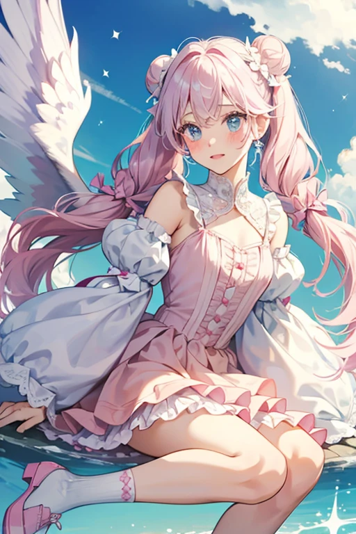 Cloud E. is a fair-skinned girl with sky blue button eyes and bright, pale pink blushing cheeks. Her hair is white with faded, pale pink streaks throughout it. Her hair is mostly worn up in pigtails/buns with a single pastel pink bow on the left. Her bangs are very curly. Cloud E. also has a silver halo and small white stars near her left eye and a pair of wings.
She wears a soft pink dress with a puffed glittery, layered skirt and multiple pieces of silver, glittering lace around her chest and upper-arm. Her sleeves resemble the princess-puff style ending at her wrists. She also has white socks and pastel pink Mary Jane shoes with white bows SPARKLE; GLITTER;
