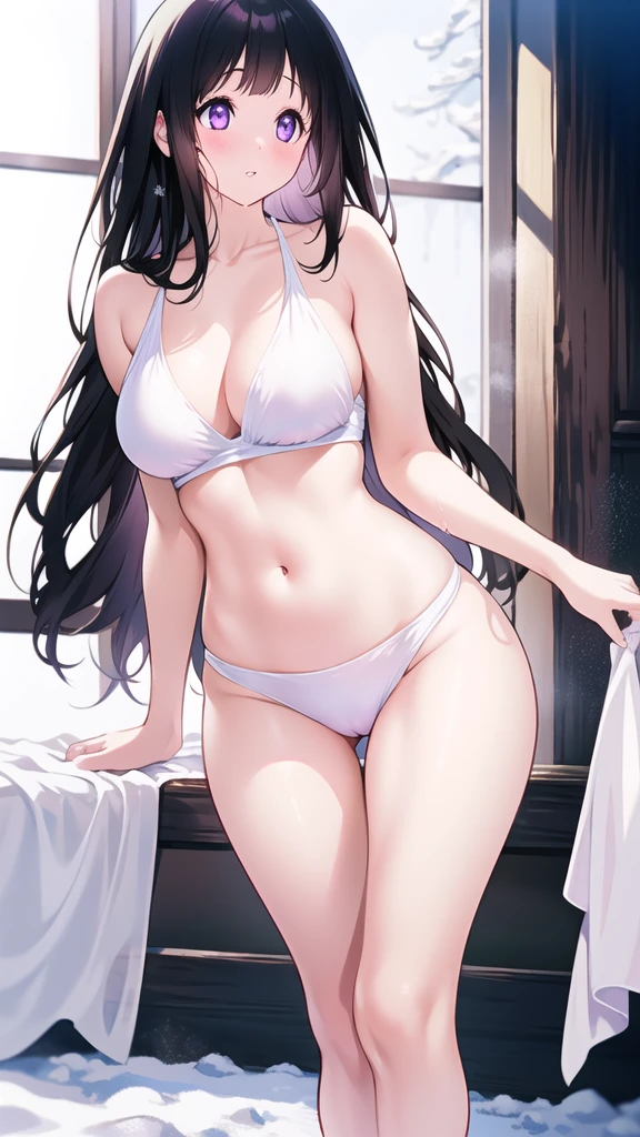 Chitanda,只有一个beautiful girl,Purple Eyes, Black Hair, Natural straight hair, Straight bangs,Extremely refined,open your lips,Face is so red,Very white skin,Skin as delicate as porcelain,Glowing skin,big eyes,Flowing long hair,beautiful girl, Like a dream,Slim,Slim waist,Soft, (Sensual), (Kawaii), Dream quality,Sweaty and sweaty,Wet skin,Side breasts,snowflake,Playing in the snow on the snow mountain,Doing a handstand,White transparent bikini,Profile,(Completely naked),Gluteal groove,The outline of the breasts is visible through clothing,Completely naked的背部,nacked hip,very close,Deep V neckline,Loose neckline,Beautiful big breasts,No pants,nopan,no pants,Bare shoulders,There are no shoulder straps,Exposed collarbone,Delicate clavicle,Delicate hands and feet,Bare neck,There are no clothes around the neck,Bare thighs,Exposed groin,Camel toe,extremely shy,Ultra-high resolution, (masterpiece:1.2, best quality), (Delicate and beautiful eyes: 1.2), (Beautiful and delicate face)