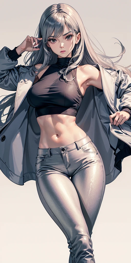 Best quality, Masterpiece, Portrait, Perfect anatomy, Flawless, 1womanl, Solo, Sexy, Stylish, mature, Silver pants, croptop, Jacket, Long hair, Feminine, Cool, queen, Correct female anatomy,