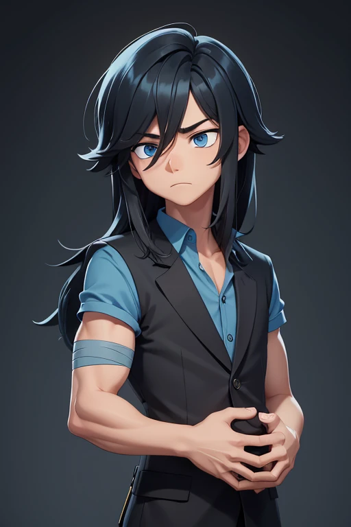 YOUNG, man, medium long hair cut, black and blue color, tired eyes, color blue, short stature, bandages on hands.