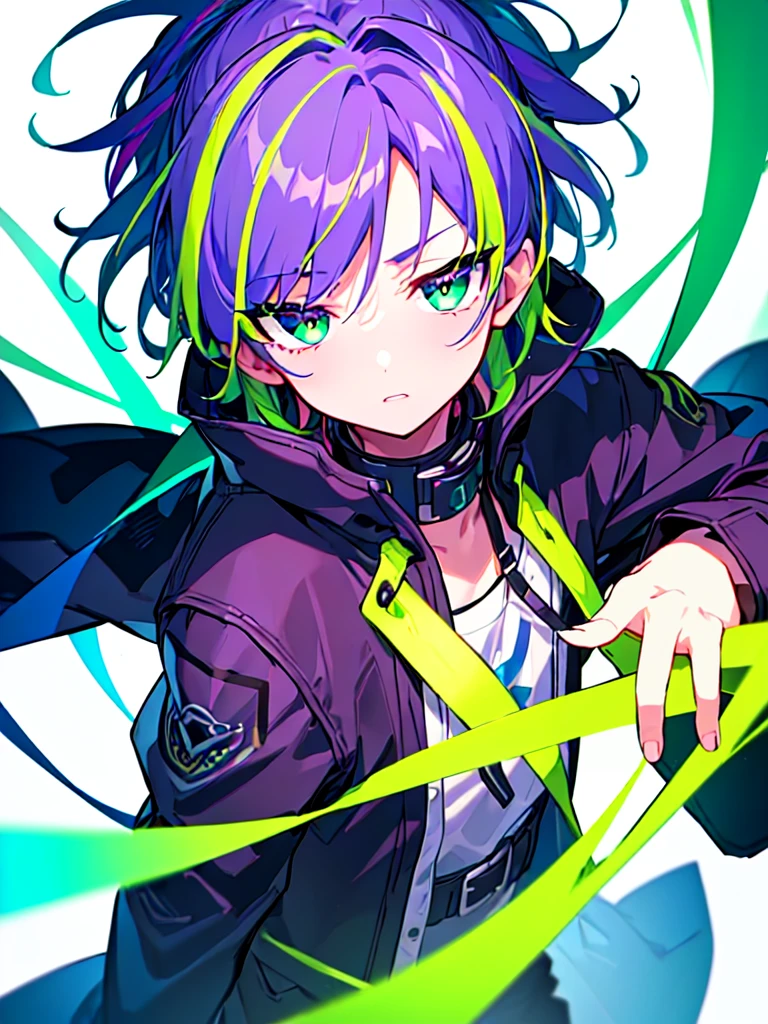 [(WHITE BACKGROUND:1.5),::5], ((((masterpiece)))), high quality, ultra very high resolution, full color, (((solo))), ((**********)), Purple hair, ((Green streaked hair)), (Green eyes), anime, ((upper body)), neon light, black parka, 