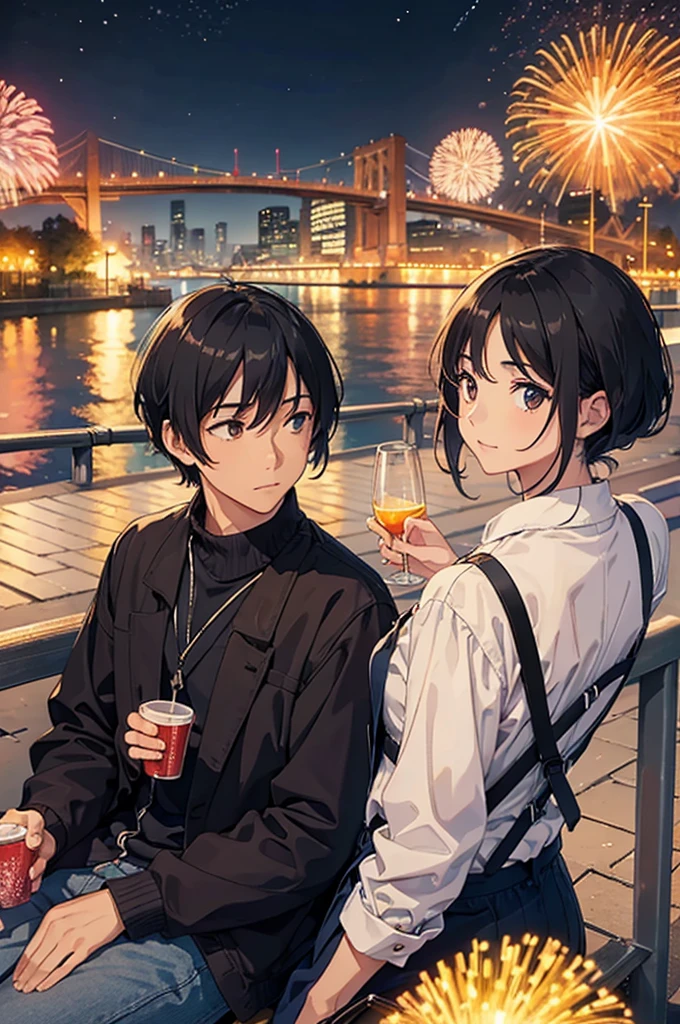 Couple sitting side by side(Young men and women),Sit on the embankment,Turn your back to the lens,Look up at the fireworks in the sky,Modern city,night