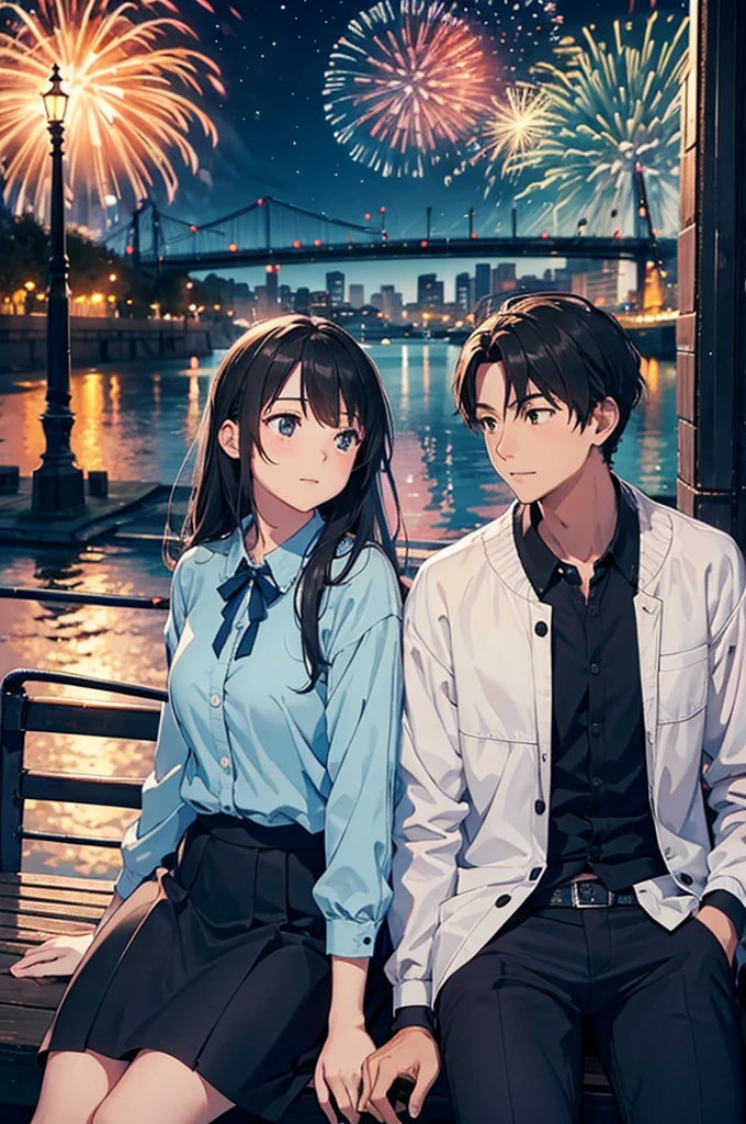 Couple sitting side by side(Young men and women),Sit on the embankment,Turn your back to the lens,Look up at the fireworks in the sky,Modern city,night