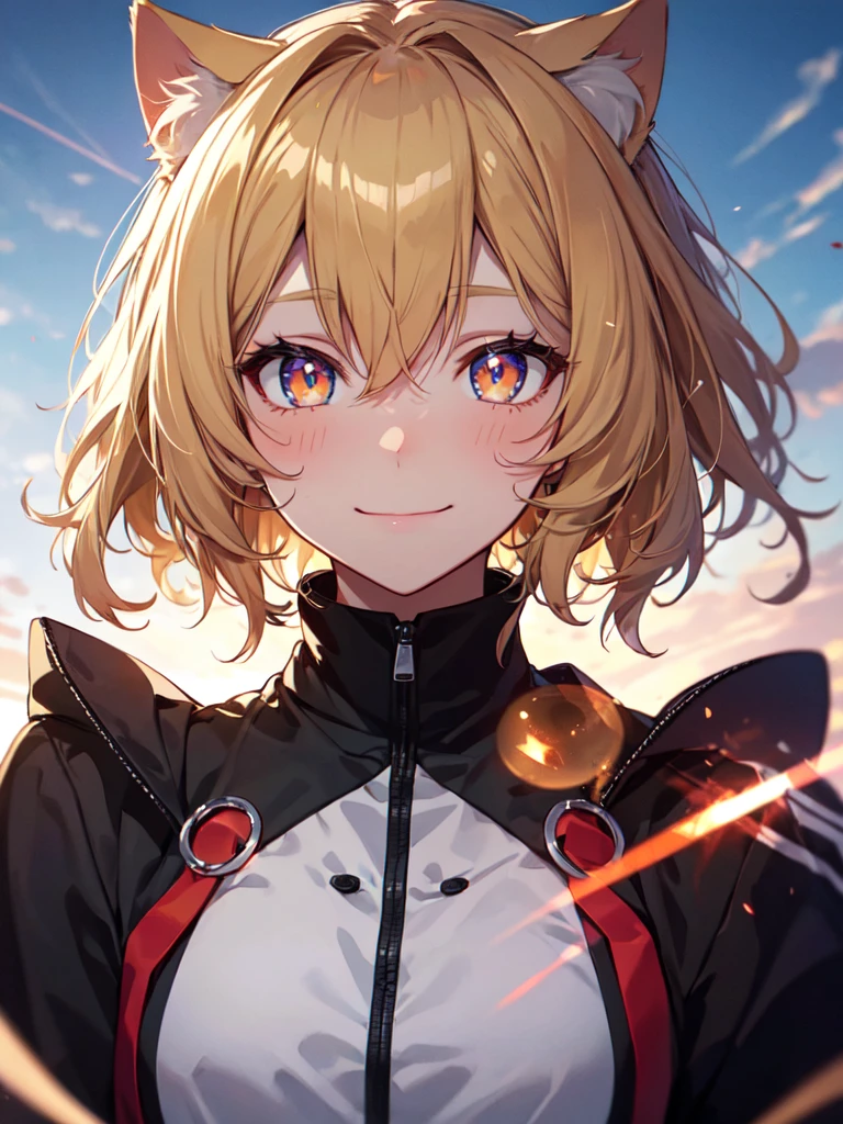 hair over shoulder, wavy hair, hair strand, shiny hair, blonde hair, eye reflection, glowing eyes, slit pupils, amber eyes, cat ears, smile, blush, glint, happy, anime, anime style, En plein air, high detail, cinematic lighting, ray tracing, reflection light, masterpiece, accurate, anatomically correct, super detail, high details, high quality, best quality, highres, 4K
