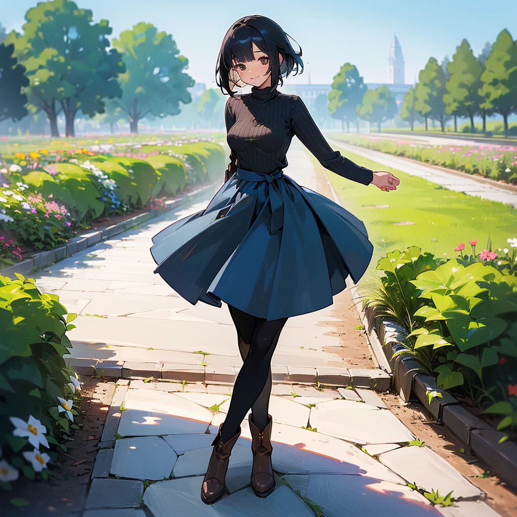 (high quality, High resolution, Very detailed, reality:1.37), Peaceful atmosphere, (Outdoor, garden), Teenage girl standing alone, (my breasts are big.), Beautiful details, Cute Smile, (Black bob hair), Ribbed sweater, Blue Skirt, Black tights, Brown boots.
