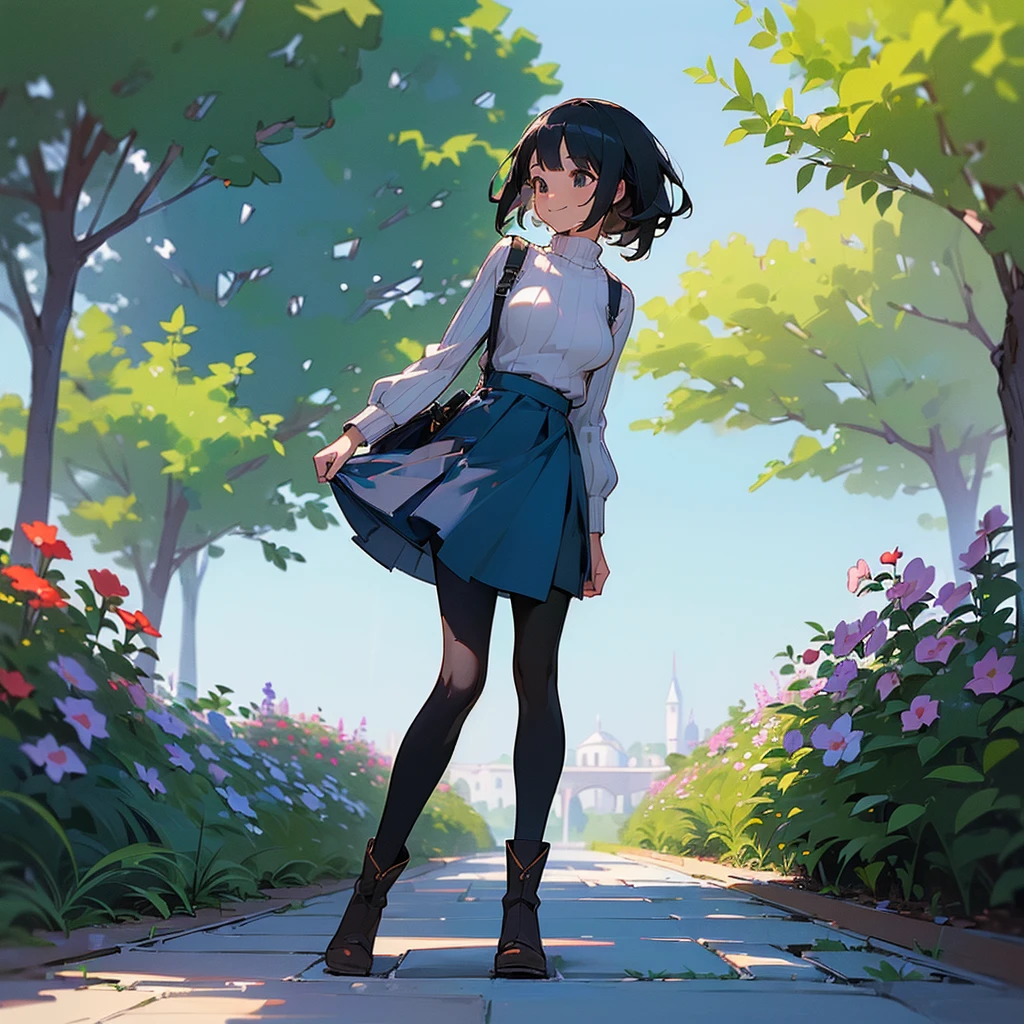 (high quality, High resolution, Very detailed, reality:1.37), Peaceful atmosphere, (Outdoor, garden), Teenage girl standing alone, (my breasts are big.), Beautiful details, Cute Smile, (Black bob hair), Ribbed sweater, Blue Skirt, Black tights, Brown boots.
