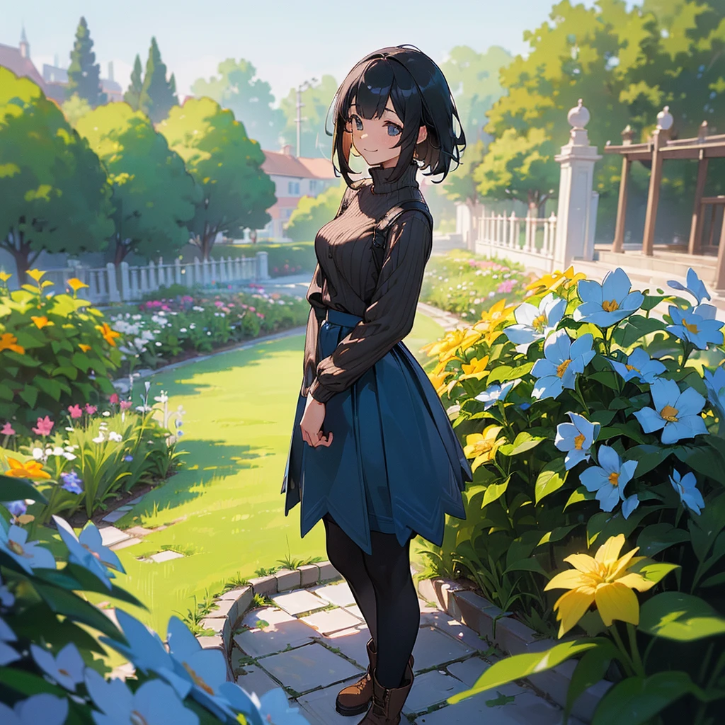(high quality, High resolution, Very detailed, reality:1.37), Peaceful atmosphere, (Outdoor, garden), age girl standing alone, (my breasts are big.), Beautiful details, Cute Smile, (Black bob hair), Ribbed sweater, Blue Skirt, Black tights, Brown boots.
