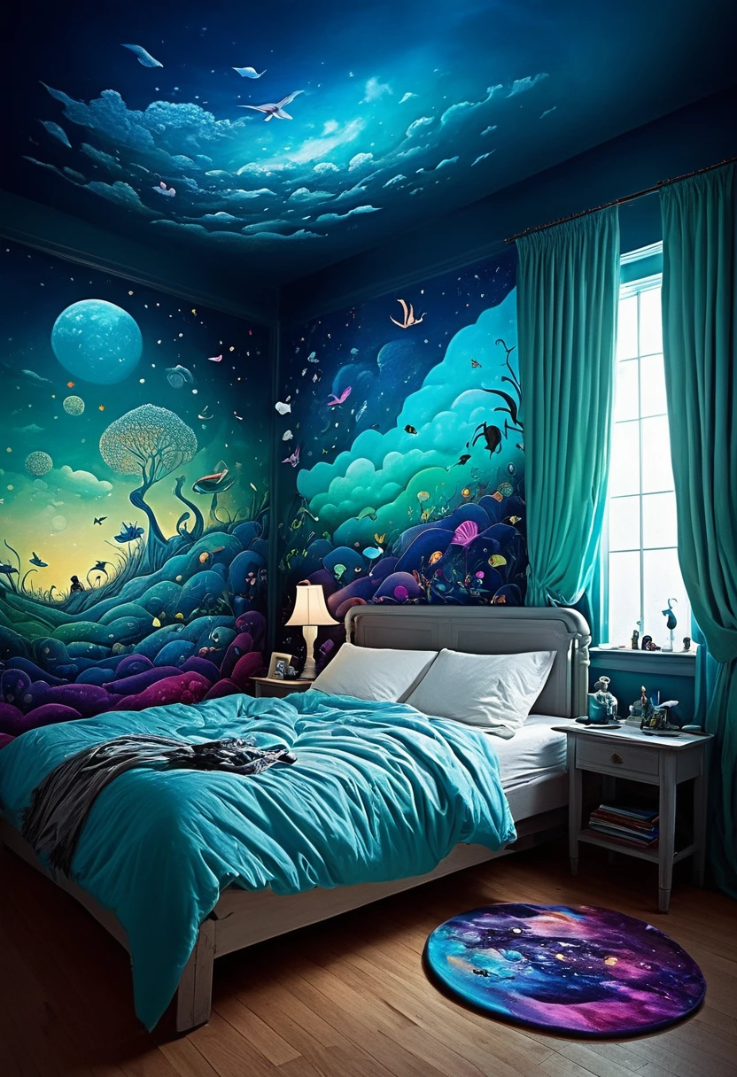 Transition between Dream and Reality:
"Draw a scene that mixes elements of dreams and reality, with a person paralyzed in their bed. Half the room is normal and the other half is distorted, with dreamlike creatures and surreal colors."