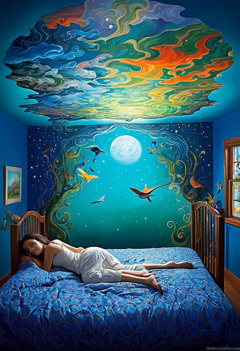 Transition between Dream and Reality:

"Draw a scene that mixes elements of dreams and reality, with a person paralyzed in their bed. Half the room is normal and the other half is distorted, with dreamlike creatures and surreal colors."