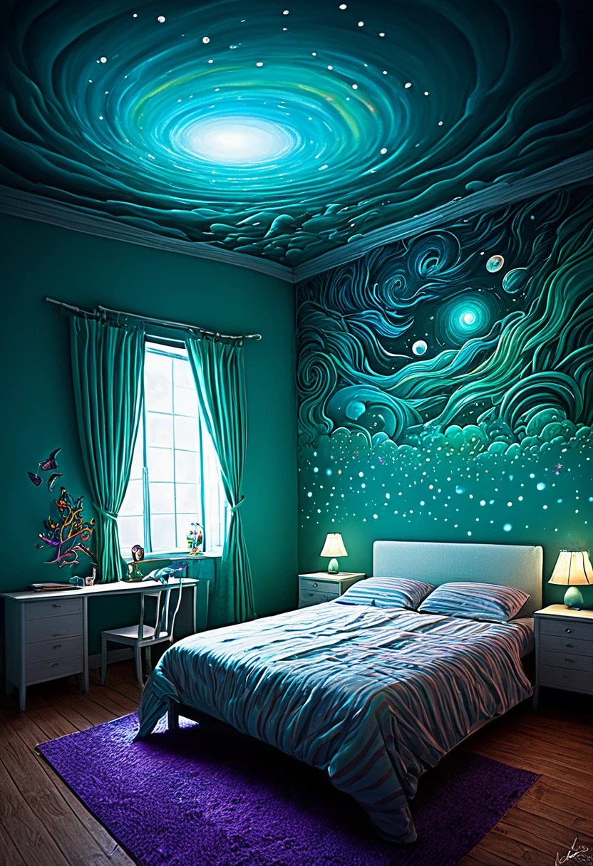 Transition between Dream and Reality:
"Draw a scene that mixes elements of dreams and reality, with a person paralyzed in their bed. Half the room is normal and the other half is distorted, with dreamlike creatures and surreal colors."