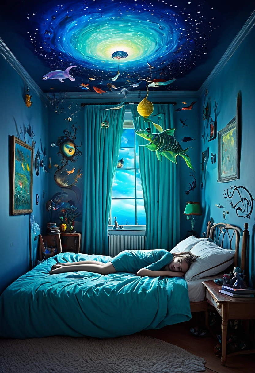 Transition between Dream and Reality:

"Draw a scene that mixes elements of dreams and reality, with a person paralyzed in their bed. Half the room is normal and the other half is distorted, with dreamlike creatures and surreal colors."