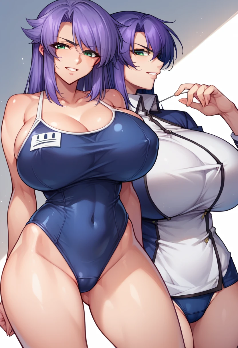 Rieli Bishop(Prison Battleship)、Purple hair、Green Eyes、Huge breasts,smile、School Swimsuit、Standing with your legs apart