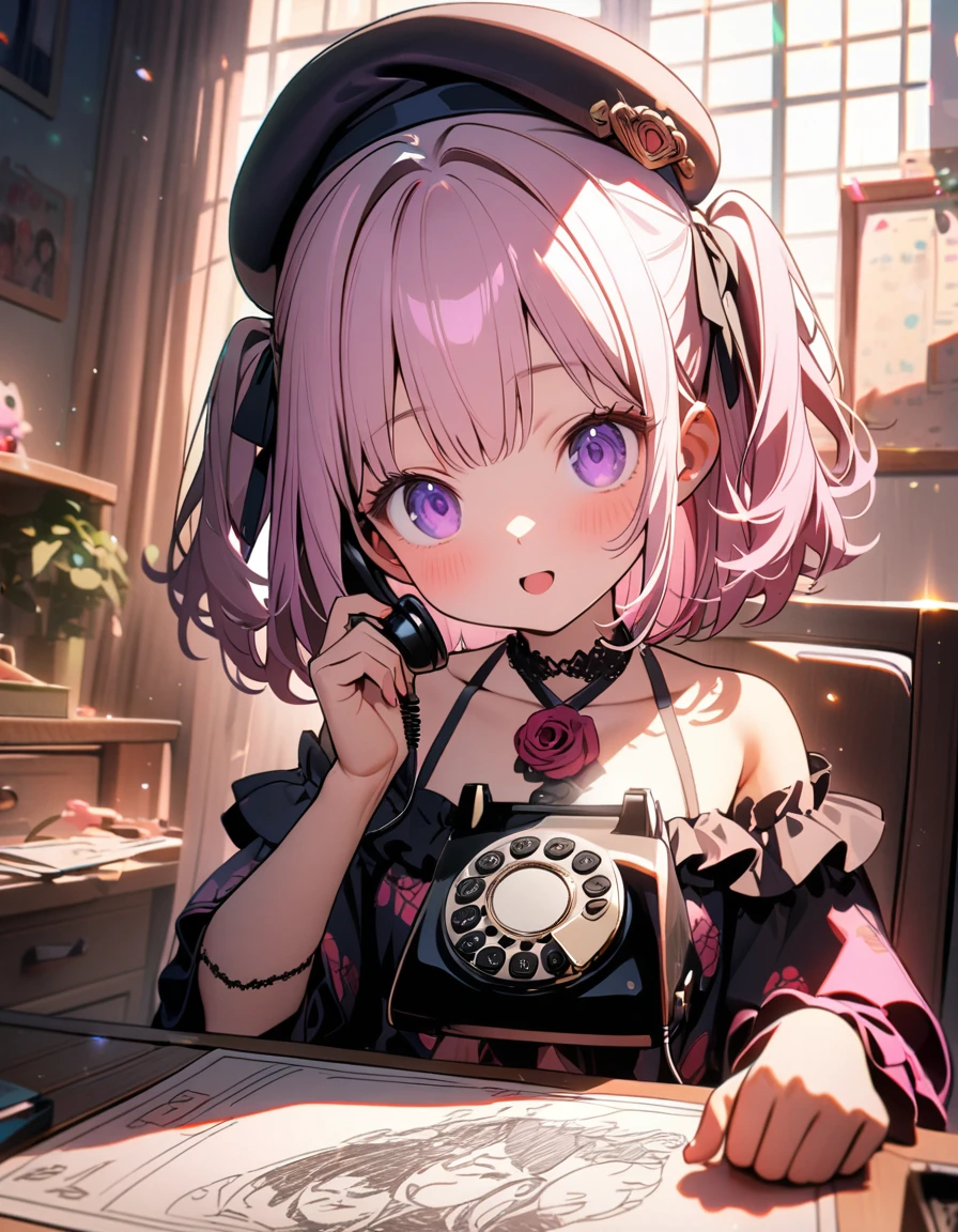 (8K, best quality, master piece: 1.2),super high resolution,1 girl,17yo,solo,ultra-detailed face,deep detailed eyes,Purple eyes,Mascara,two side up,rose pink hair,Beret,halter top,leopard pattern skirt,(The girl calling on a landline telephone in one hand),(The girl is doodling on a piece of drawing paper with her other hand),the Notepad has illustrations of three cats in different positions,smile,Bridal garter,:o,rim light,Sitting in a chair,messy children's room