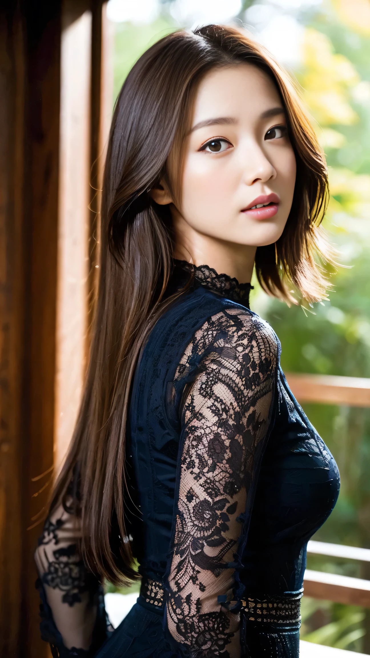 Dark brown hair、Light brown eyes、Japanese actress face、 Lady、face of about 25 years old.、(Intricate details:1.2)、(Highest quality:1.4)、 (Ultra-high resolution:1.2)、Ultra-high resolution、(Detailed eyes)、(Detailed facial features)、Hmph、8K resolution、D cup size breasts、、Turn your ass to me、I&#39;m wearing a long skirt.、Hair length、Dubai night view、Dubai night view can be seen in the background、While watching the wonderful night view、Looking back, a beautiful night view、Setup Fashion、