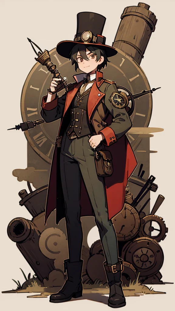 1.steampunk,,,Goggles on the forehead,A fake smile,gloves,whole body,boots,pants,hat,Small clock gear,Steam meter, top hat, corset, adventurer-style leather gadget, gas mask、Plague Mask（For aviation）Goggles, pocket watch, compass ,White background
