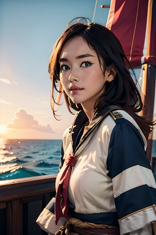 (Highest quality), (High detail), (Vibrant colors), (One girl), A cute female pirate sailing the high seas, High resolution, 4K,