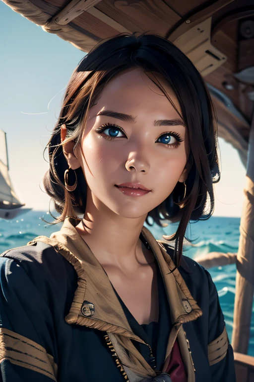 (Highest quality), (High detail), (Vibrant colors), (One girl), A cute female pirate sailing the high seas, High resolution, 4K,