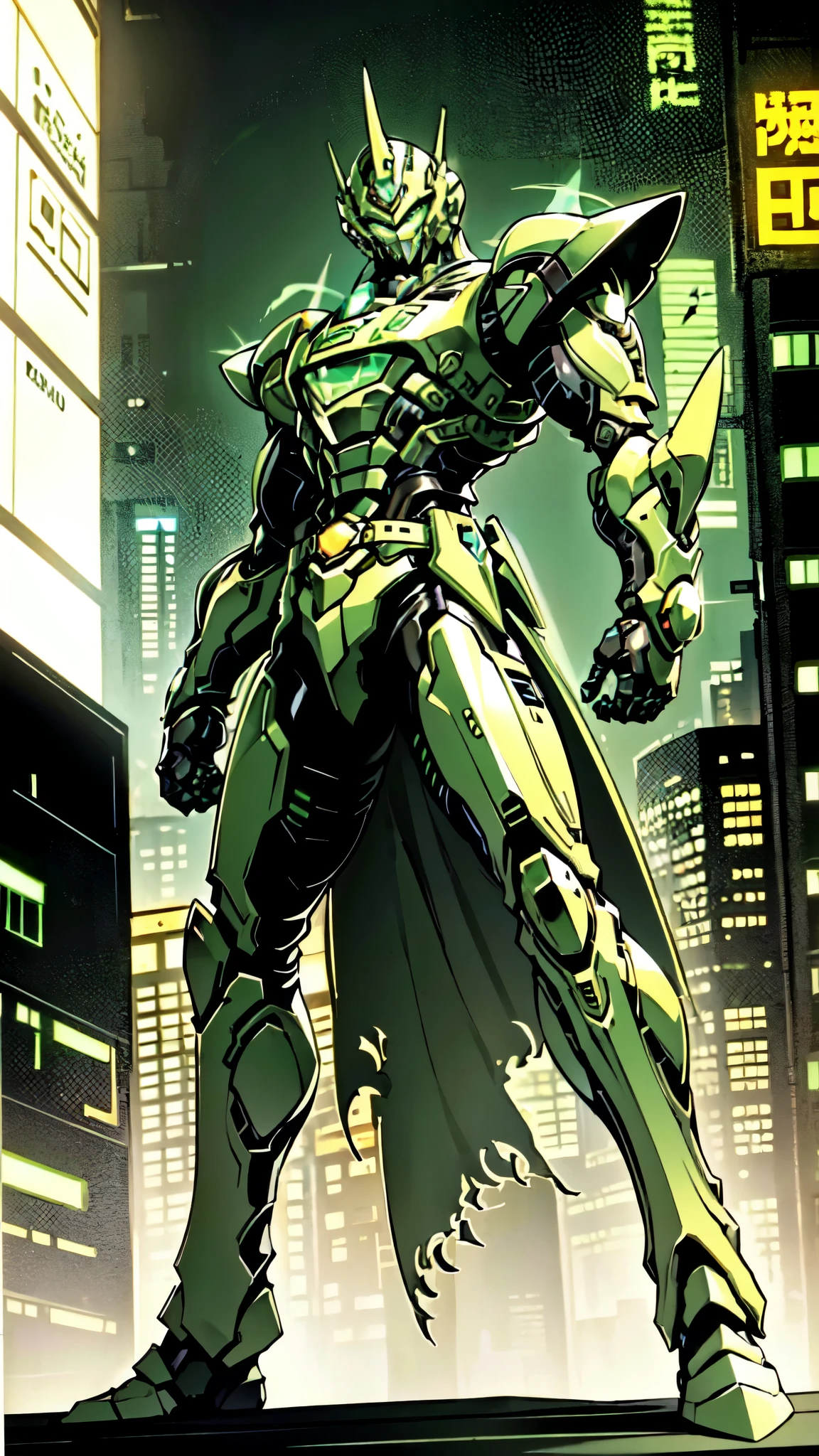 (masterpiece:1.5, best quality:1.5, extremely delicate:1.5, foreshortening:1.5, dynamic angle:1.5), a man wearing a full-face helmet, a fantasy-style biotech armored combat suit, green eyes, (a composite layered chest armor), fully enclosed shoulder guards, matching arm and leg guards, the belt is adorned with neon circuitry, (the color scheme is primarily red glow with green and white accents), the design balances heavy with agility, a high-tech bio-mecha armor, (Armor Concept Inspired by neon Cyberpunk, stand on the top of a skyscraper in a futuristic sci-fi city), this character embodies a finely crafted fantasy-surreal style armored hero in anime style, exquisite and mature manga art style, (element, plasma, energy, the armor glows), ((male:1.5)), metallic, high definition, highres, ultra-detailed, ultra-fine painting, professional, perfect body proportions, golden ratio, anatomically correct, symmetrical face, extremely detailed eyes and face, high quality eyes, creativity, RAW photo, UHD, 32k, Natural light, cinematic lighting, masterpiece-anatomy-perfect