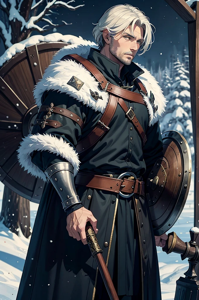 Handsome adult man in medieval winter clothes with a shield in one hand and a mace in the other