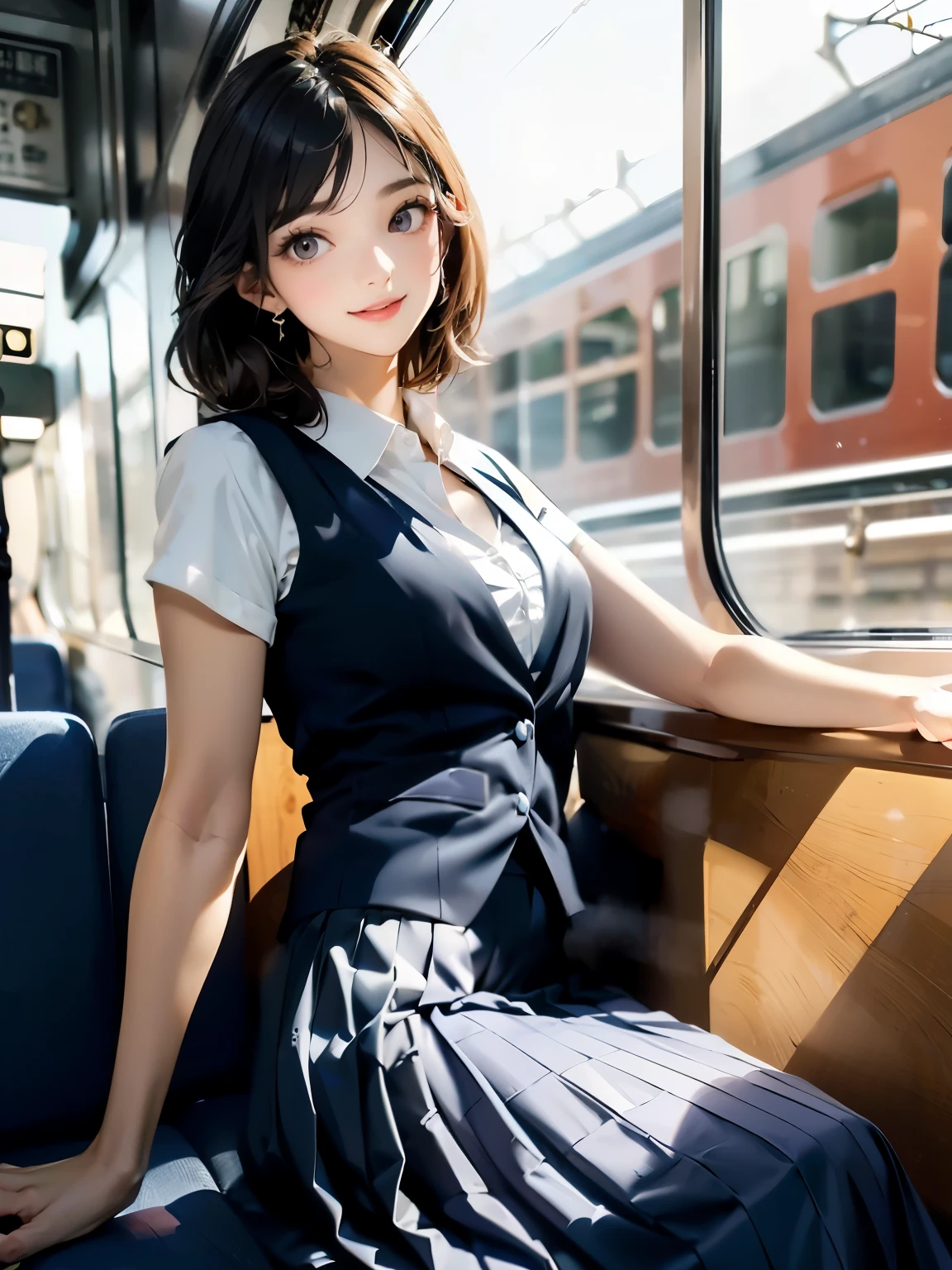 Top quality, 8K, Masterpiece, Sharp focus: 1.2, well-proportioned body shape, Photoreal, Increased resolution, best photos, Best Quality, Ultra detailed, ((world famous beauty)), one beautiful and refined train conductor, a calm female, age 36, elegant arranged bob hair, Fine details, Detailed face, (smiling in intimate mood), (looking at viewer), flushed, on an early summer afternoon, diffused sunlight, depth of field, light novel illustration, high resolution, medium saturation