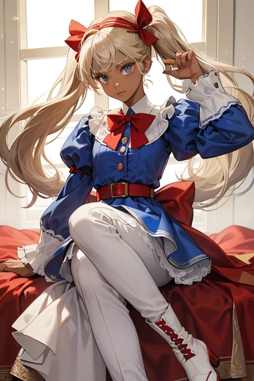 Comet is a dark-skinned girl with light blonde hair tied into three pigtails. She wears a red bow on the top of her head. She wears a silver-blue dress with long sleeves that puff on the top. The puffy sleeves are lined with red fabric while the ends of her sleeves have white cuffs. She wears a red tulle skirt with a darker red belt, a silver star in the middle and silver-blue pants underneath. On her feet are white boots with red buttons on the side and red soles. SPARKLE; GLITTER;
