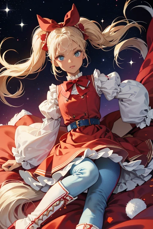 Comet is a dark-skinned girl with light blonde hair tied into three pigtails. She wears a red bow on the top of her head. She wears a silver-blue dress with long sleeves that puff on the top. The puffy sleeves are lined with red fabric while the ends of her sleeves have white cuffs. She wears a red tulle skirt with a darker red belt, a silver star in the middle and silver-blue pants underneath. On her feet are white boots with red buttons on the side and red soles. SPARKLE; GLITTER;