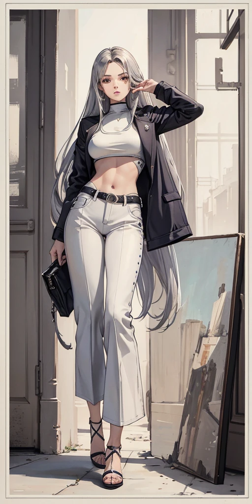 Best quality, Masterpiece, Portrait, Perfect anatomy, Flawless, 1womanl, Solo, Sexy, Stylish, mature, Silver pants, croptop, Jacket, Long hair, Feminine, Cool, queen, Correct female anatomy, full body