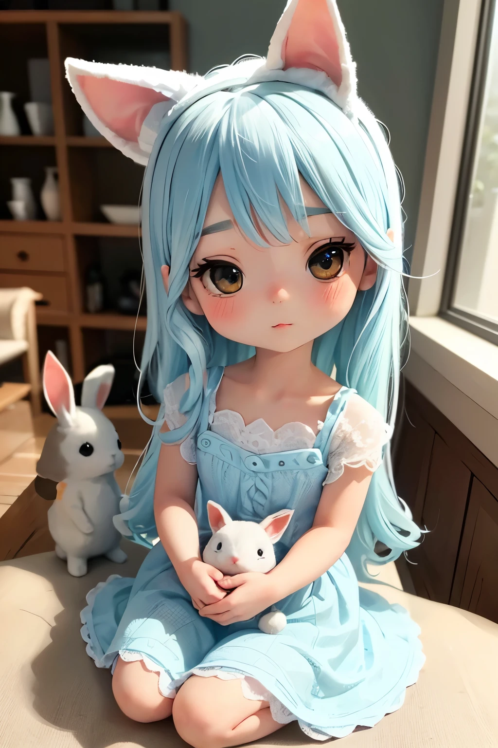 Chibi girl doll and cute rabbit、A dream collaboration、Vibrant and colorful girl、high quality、detailed、Photorealistic、masterpiece、Studio Lighting、8K、Hyperrealistic、非常にdetailed、complicated、Sharp Focus、Real、非常にdetailed、美しいdetailedな目、美しいdetailedな唇、非常にdetailedな目と顔、Long eyelashes、Elegant pose、Serene atmosphere、Fantasy、Magic、Whimsical、Soft pastel colors、Warm lighting、delicate、Ethereal、Imaginative