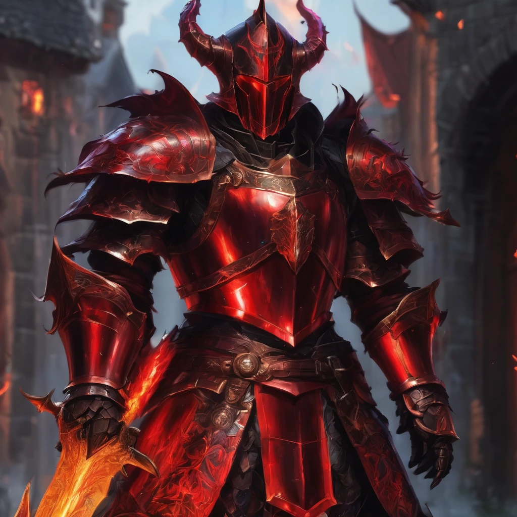 armor with a fire, black fire colored reflected armor, black and red reflected armor, black and reddish color armor, red demonic armor, burnt armor, blood red armor, crimson heavy armor, red heavy armor, lacquered armor, demonic armor, intricate legendary armor, shining armor, fantasy heavy armor, intricate plated armor, ornate armor
